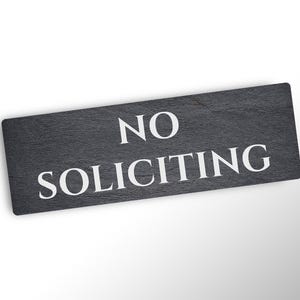 No Soliciting Sign, Stone Look Metal Door Plaque, Engraved Style, Front Entry Decor, HOA Friendly Outdoor Sign