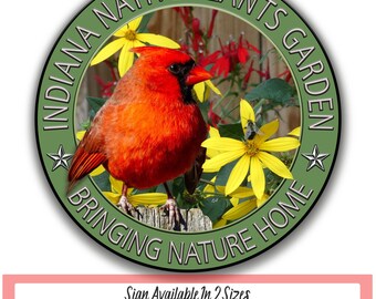 Indiana Native Plants Round Garden Sign, Cardinal & Sunflower Garden Decor, Farmhouse Bird and Plant Lover Gift, Gardening Gift Decoration