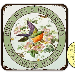 Birds Bees Butterflies Pollinator Habitat Flower Sign, Farm Signs, Butterfly Sign, Farmhouse Sign, Vintage Warbler Art, Bird Garden Sign