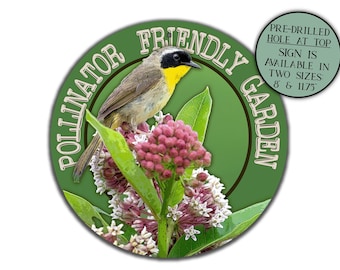 Pollinator Friendly Garden Sign, Garden Art Pollinator Signs, Bird on Milkweed Flower Sign, Outdoor Metal Yard Sign, Farmhouse Garden Gift