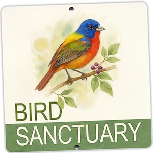 Painted Bunting Bird Sanctuary Sign, Square Metal Garden Sign, Bird Lover Gift, Backyard Wildlife Decor, Nature Watching Sign, Stakes Option