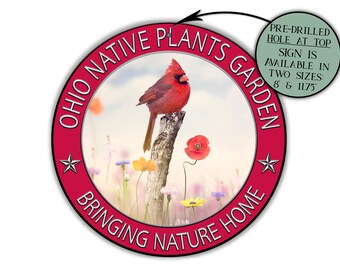 Ohio Cardinal Native Plants Round Garden Sign, Bird Pollinator Garden Art Decor, Farmhouse Bird & Plant Lover Gift Gardening Sign Decoration