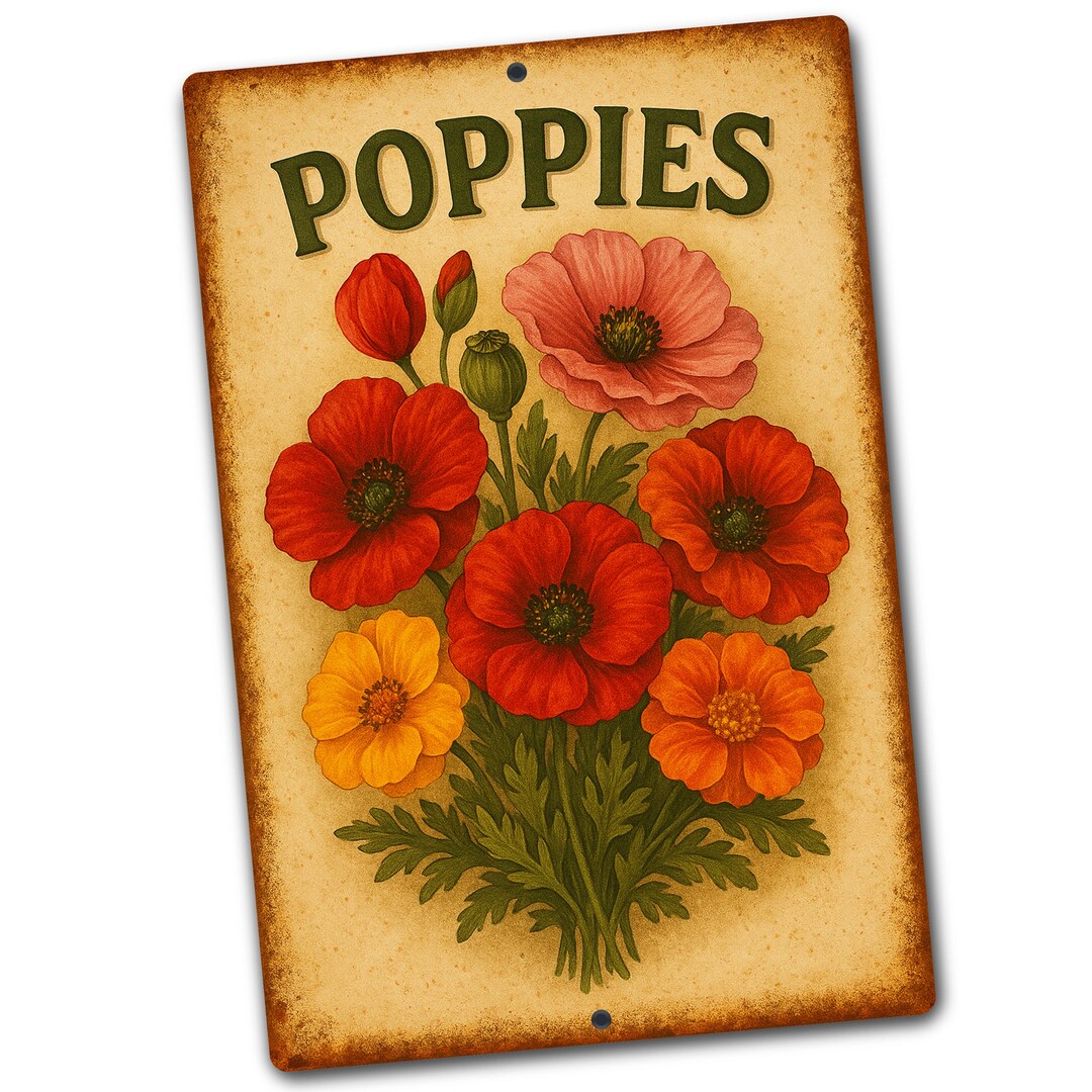 Poppy Pattern For Sign Vintage Poppies Garden Sign, Rustic Poppy Flower Wall Art, Botanical ...