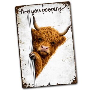 A close-up of a Highland cow peeking out from behind a wooden post, with the text "Are you pooping?" written above it.