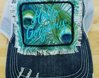 Blue Peacock Embroidered Cap: Vintage Distressed Cotton  display picture 1