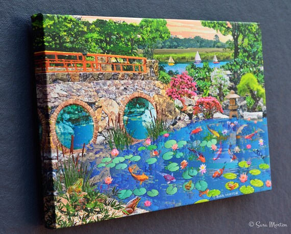 Koi Fish Pond Art Water Lilies Lily Pads Frog Pond Japanese Water Garden Fancy Goldfish 12in X 8in Stretched Canvas Print Giclee Art Collectibles Vadel Com