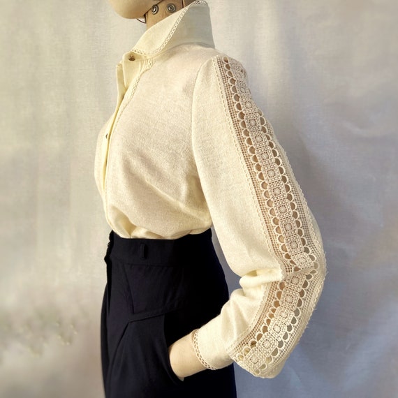 Vintage 60s 70s jersey folk cream blouse shirt wi… - image 4