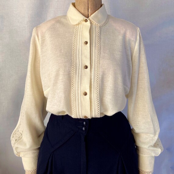 Vintage 60s 70s jersey folk cream blouse shirt wi… - image 8