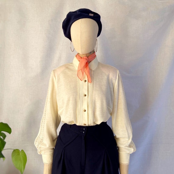 Vintage 60s 70s jersey folk cream blouse shirt wi… - image 7