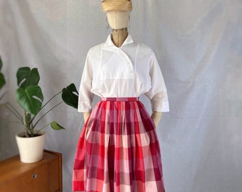 Vintage 80s large red & pinks checked cotton full midi skirt 27”