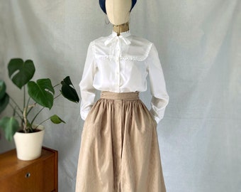 Vintage 80s beige brown geometric damask weave cotton midi skirt button waist detailing 29”