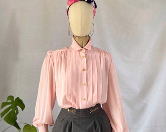 Vintage 80s rose pink silky blouse with wide knife pleat detailing & gold buttons Medium