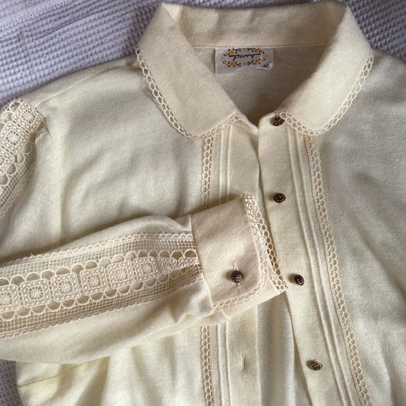Vintage 60s 70s jersey folk cream blouse shirt wi… - image 10