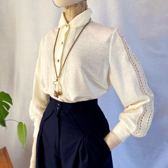 Vintage 60s 70s jersey folk cream blouse shirt wi… - image 2