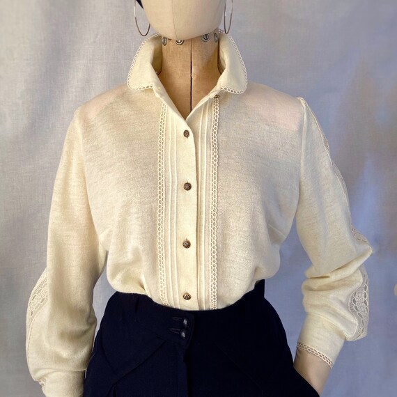 Vintage 60s 70s jersey folk cream blouse shirt wi… - image 3