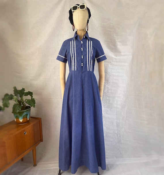 Vintage 60s 70s blue & white maxi shirt dress from