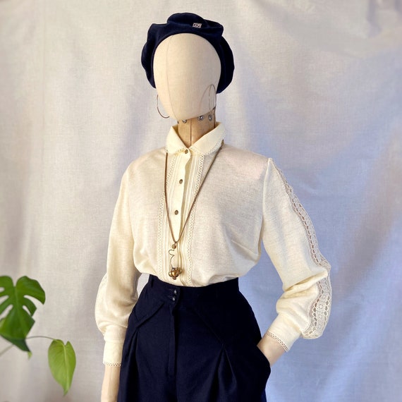 Vintage 60s 70s jersey folk cream blouse shirt wi… - image 1