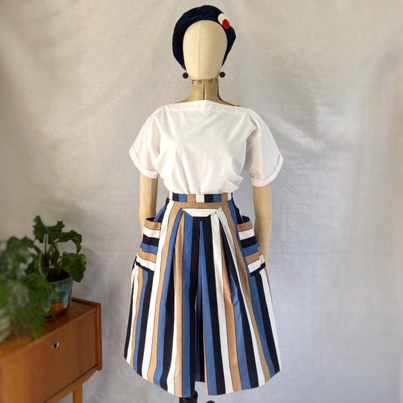 Buy Vintage 80s Striped Cotton Midi Skirt With Large Side Pockets