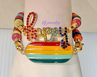 Happy Rhinestone & Rainbow Striped Connector Bracelets
