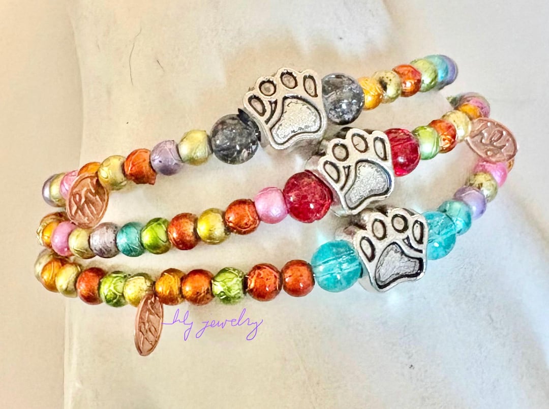 Paw Print or Rainbow Bridge Pet Memorial 6.5" Stretch Bracelet With Paw ...