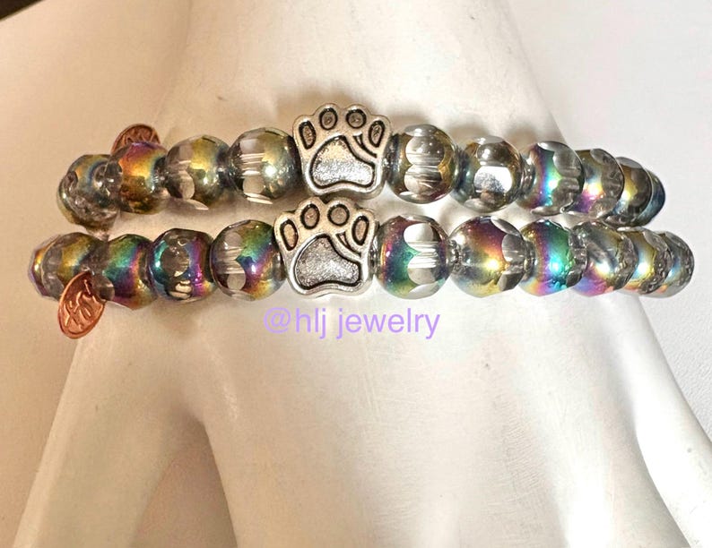 Paw Print or Rainbow Bridge Pet Memorial 7" Stretch Bracelet With Paw ...
