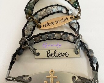 Refuse to Sink, Anchor, Believe beaded connector bracelets with gemstone beads and wax cording