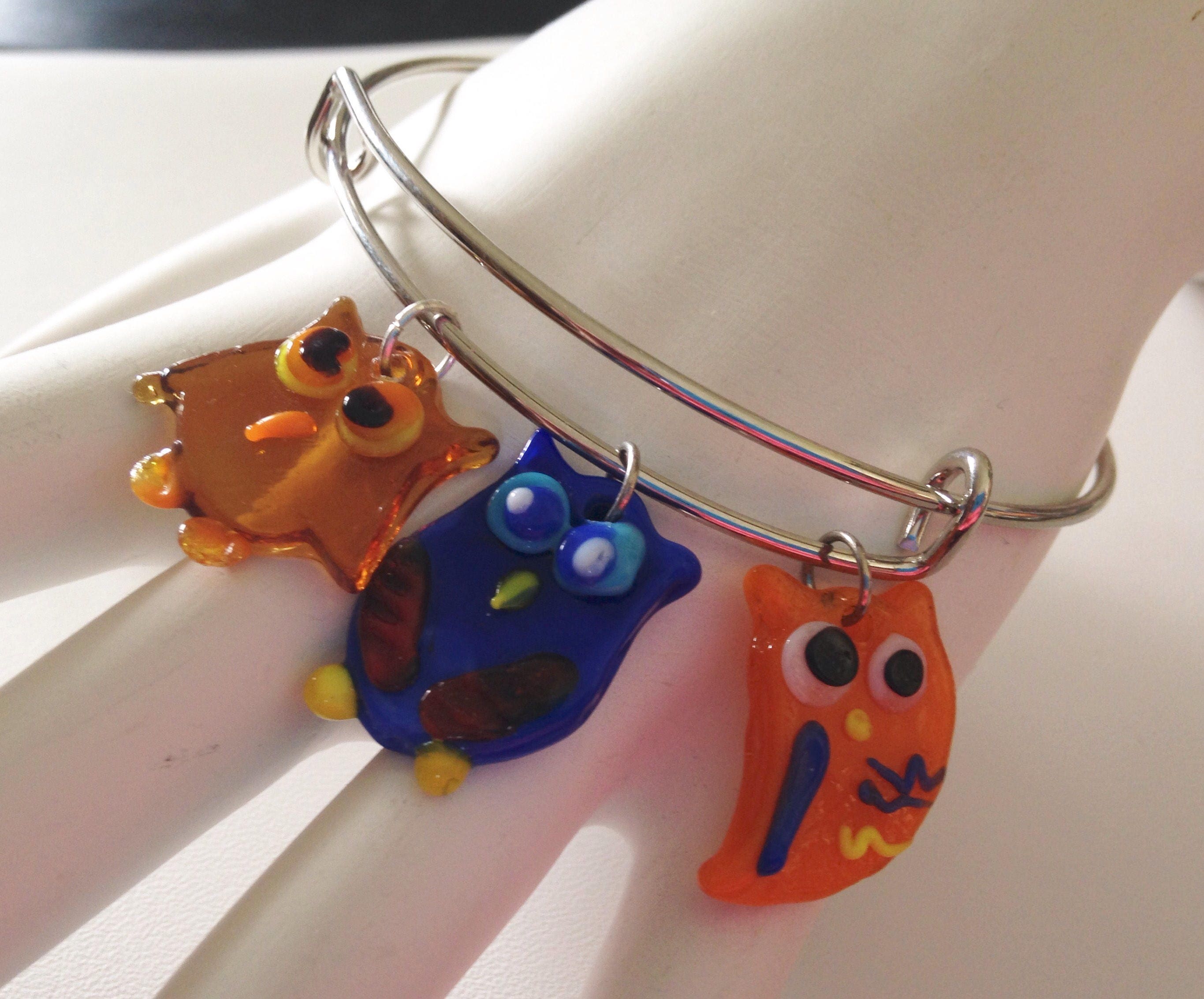 Owl Be Yours Expandable Bangle Bracelet with Glass Lampwork Owl Charms