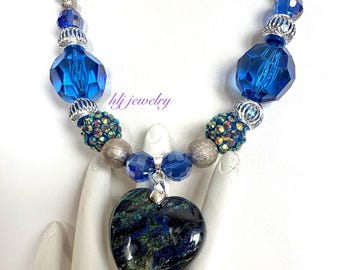 Azurite Malachite Heart of Stone 19" Necklace with Royal blue glass beads