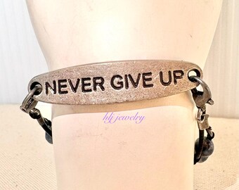 Never Give Up Antique Silver Oval Connector with labradorite beads.