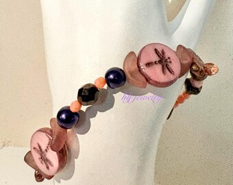 Mauve Dragonfly 8.5" bracelet with pink and purple glass beads