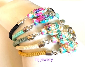 Journey Turtle 5" Cord Bracelet with 2" extender, polymer clay colorful turtle, journey saying