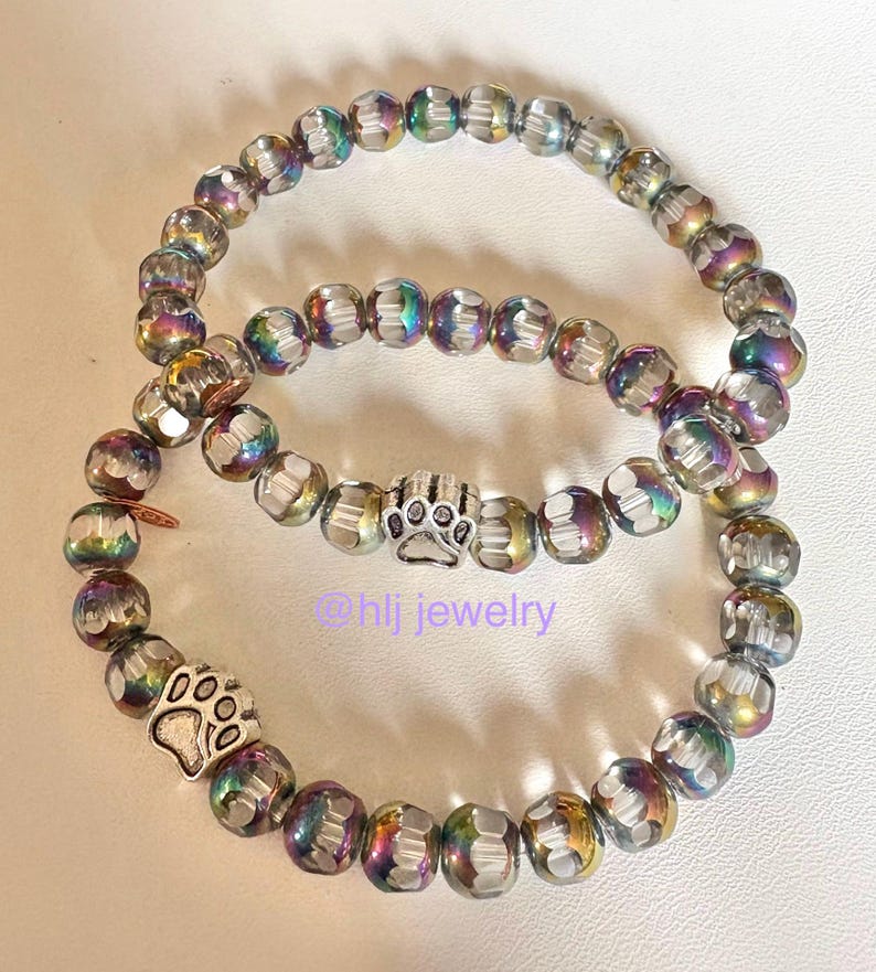 Paw Print or Rainbow Bridge Pet Memorial 7" Stretch Bracelet With Paw ...
