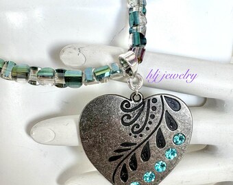 Vine of Aqua Heart 18" Necklace with iridescent rainbow half round glass beads