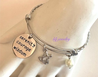Silver Serenity Adjustable Bangle Bracelet, Serenity, Courage, Wisdom charm, silver dove, pearl drop charm