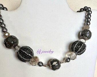 Smokey Gray Mood 19.5" Necklace with silver glass pearls