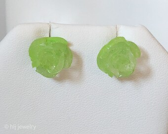 Lime Glitter Rose Post Earrings - Resin Roses on Silver Plated Post Earring