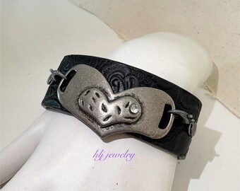 Wide Leather Snap Cuff with Antique Silver Heart Connector
