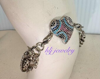 Silver Colorful Rhinestone Heart Connector with multi-chain band