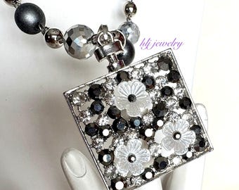 Silver Garden of Blooming Bling 18" Necklace with square floral pendant