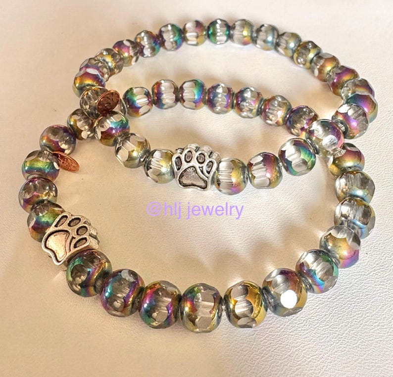 Paw Print or Rainbow Bridge Pet Memorial 7" Stretch Bracelet With Paw ...