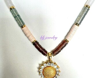 Shiny Sunflower 21" Necklace with Heishi and Crystal beads