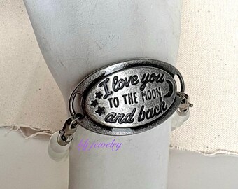 I Love You Oval Connector with round moonstone beads on stretch cord