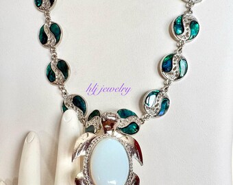 Moonstone Turtle Pendant with Abalone Shell Waves 20" Necklace