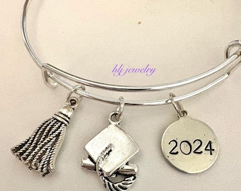 Graduation Adjustable Bangle Bracelet, Graduation Cap, Tassel, hand-stamped graduation year charm