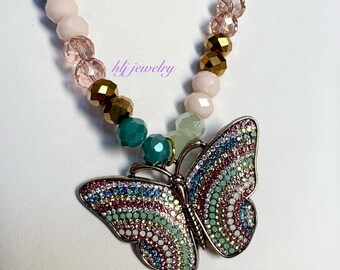 Pastel Pretty Gold Butterfly 20" Necklace with faceted crystals