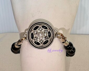 Antique Silver Medallion Connector 7" Bracelet with Jet Black Glass Beads