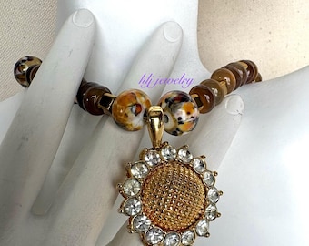 Golden Sunflower Pendant 22" Necklace with brown lampwork beads
