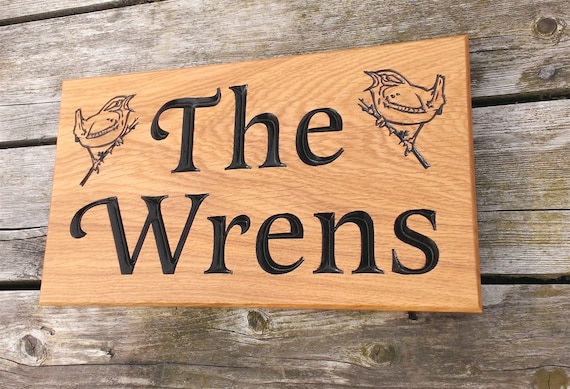 Solid Oak Engraved Personalised House Signs 380mm X 220mm With Two Wrens Design Home Name Plate Plaque