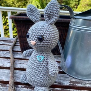 May include: A handmade gray crochet bunny with large black eyes, a pink nose, and a turquoise heart detail. The amigurumi rabbit has long ears and is standing upright. The background includes a wooden surface, a watering can, and greenery.