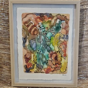 Watercolor original, framed and matted paintings, abstract modern handmade art